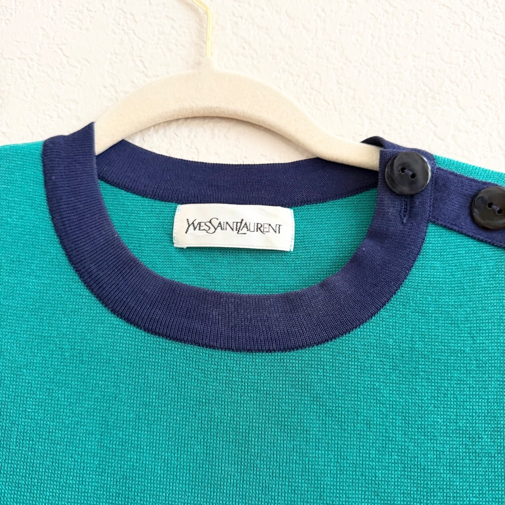Yves Saint Laurent Vintage Knit Top Green Navy Blue Shoulder Button Short Sleeve - Picture 2 of 9